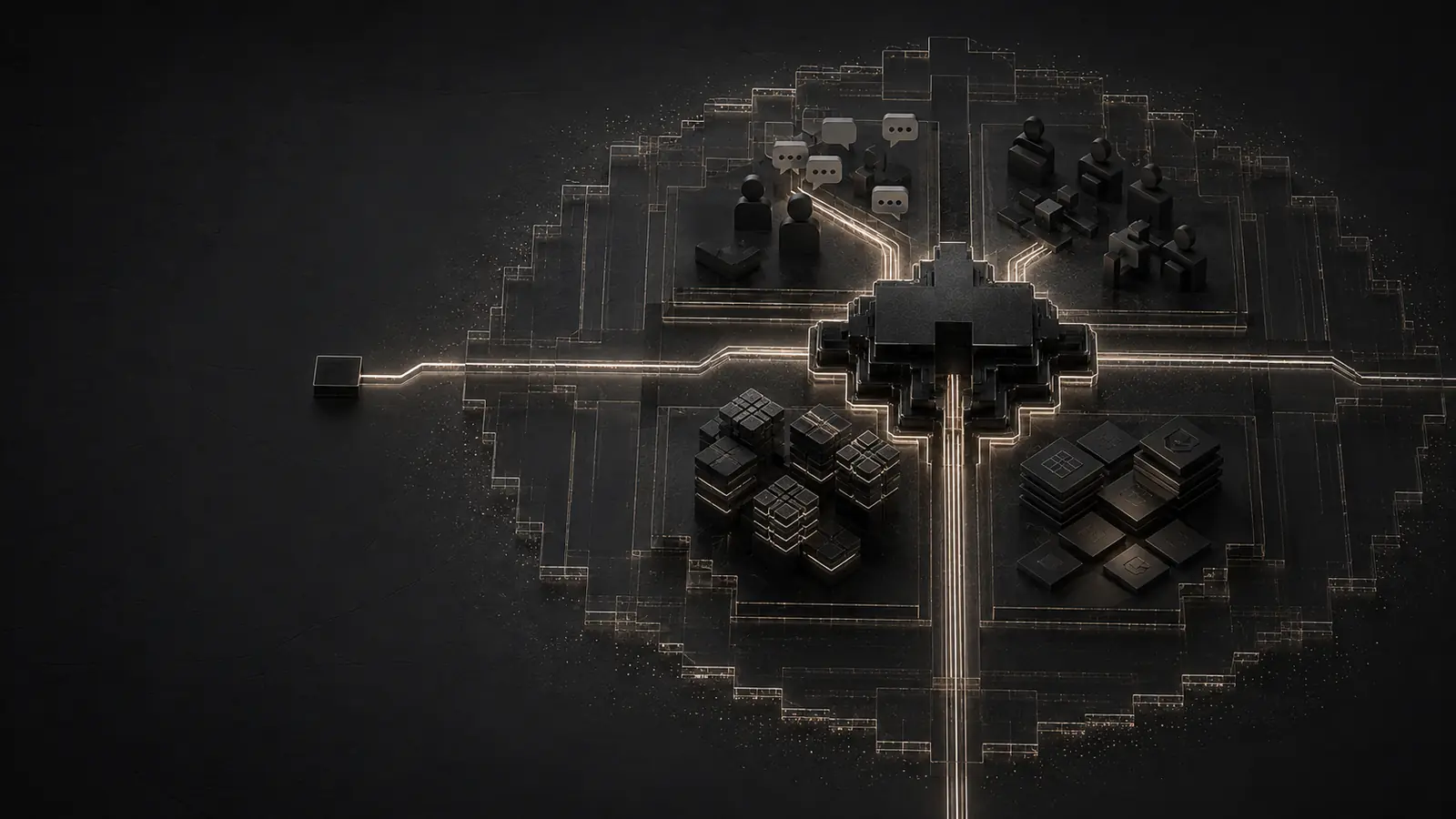 Conversations, people, data and systems joined by lit paths to one central hub