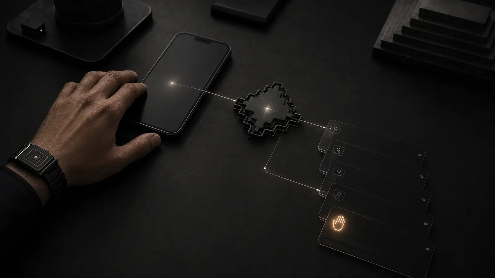 A dark desk: a phone showing a chat conversation linked by a thread of light to a printed AI workflow diagram.